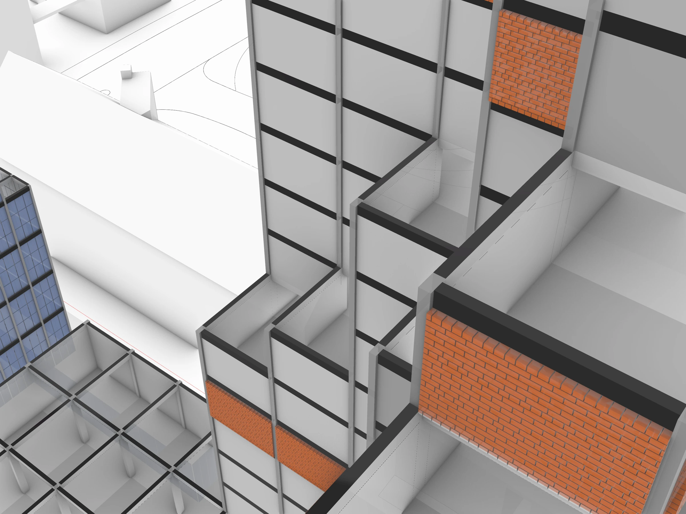 Facade detail of glass panels, brickwork, and frames