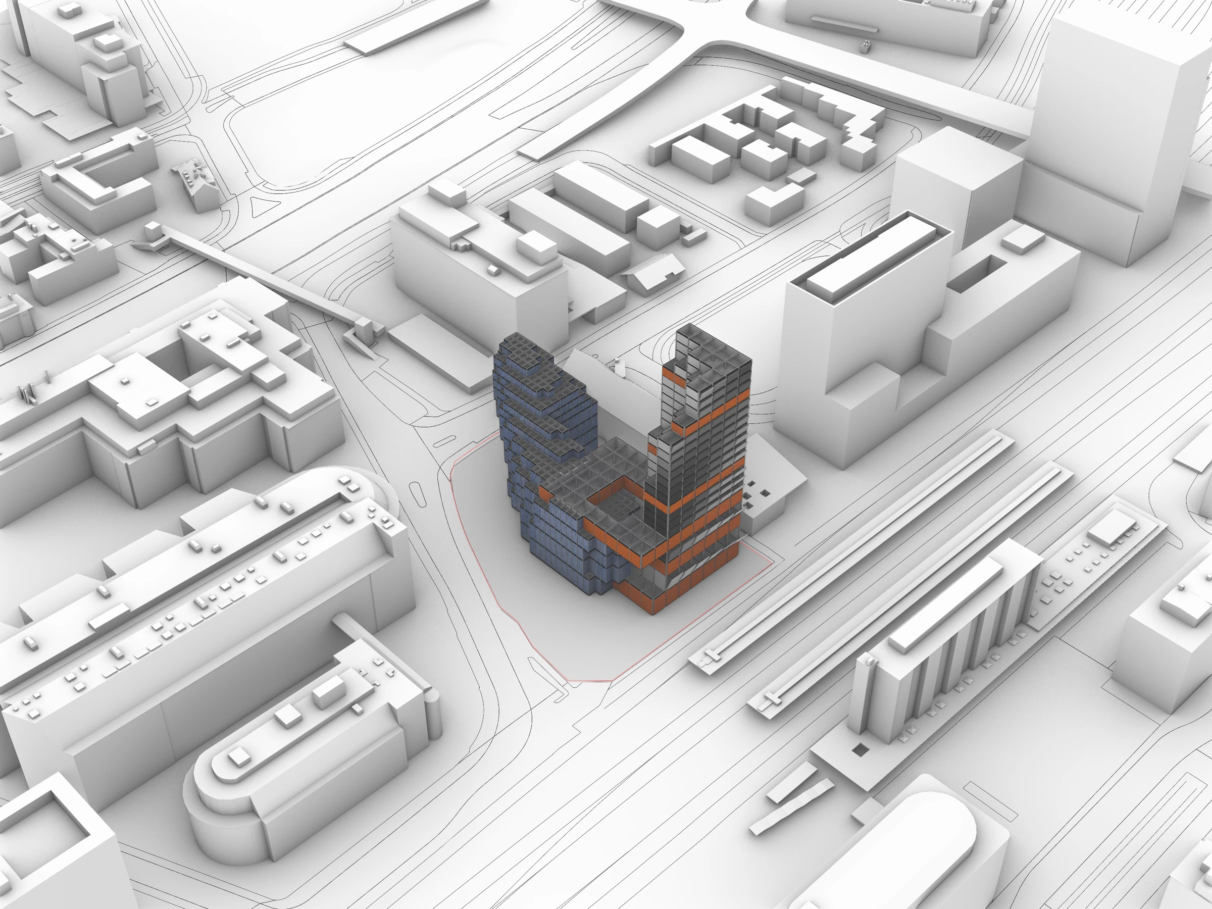 Aerial view of the interlocking office and residential volumes