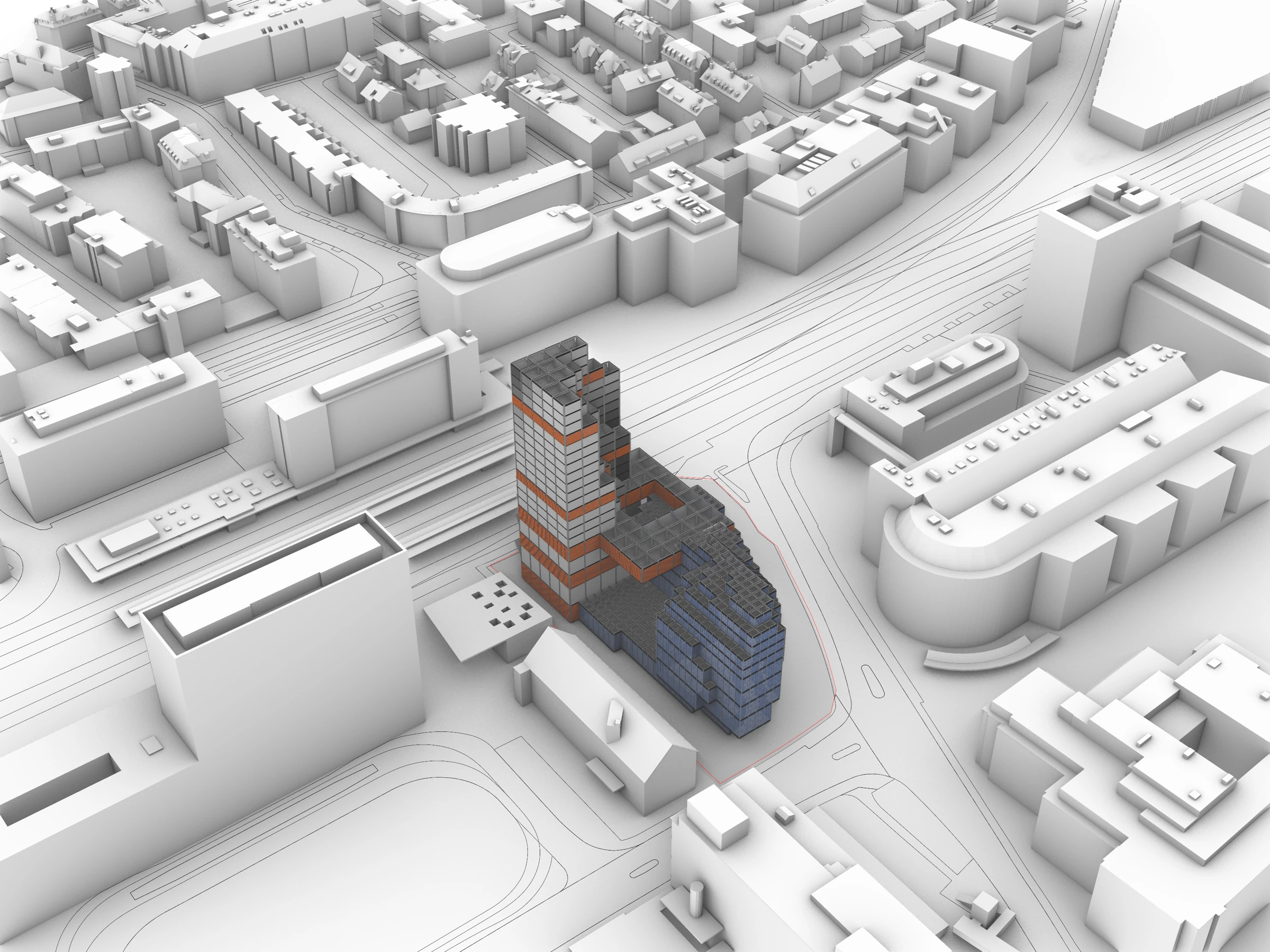 A-Hive and neighbouring buildings within the urban block