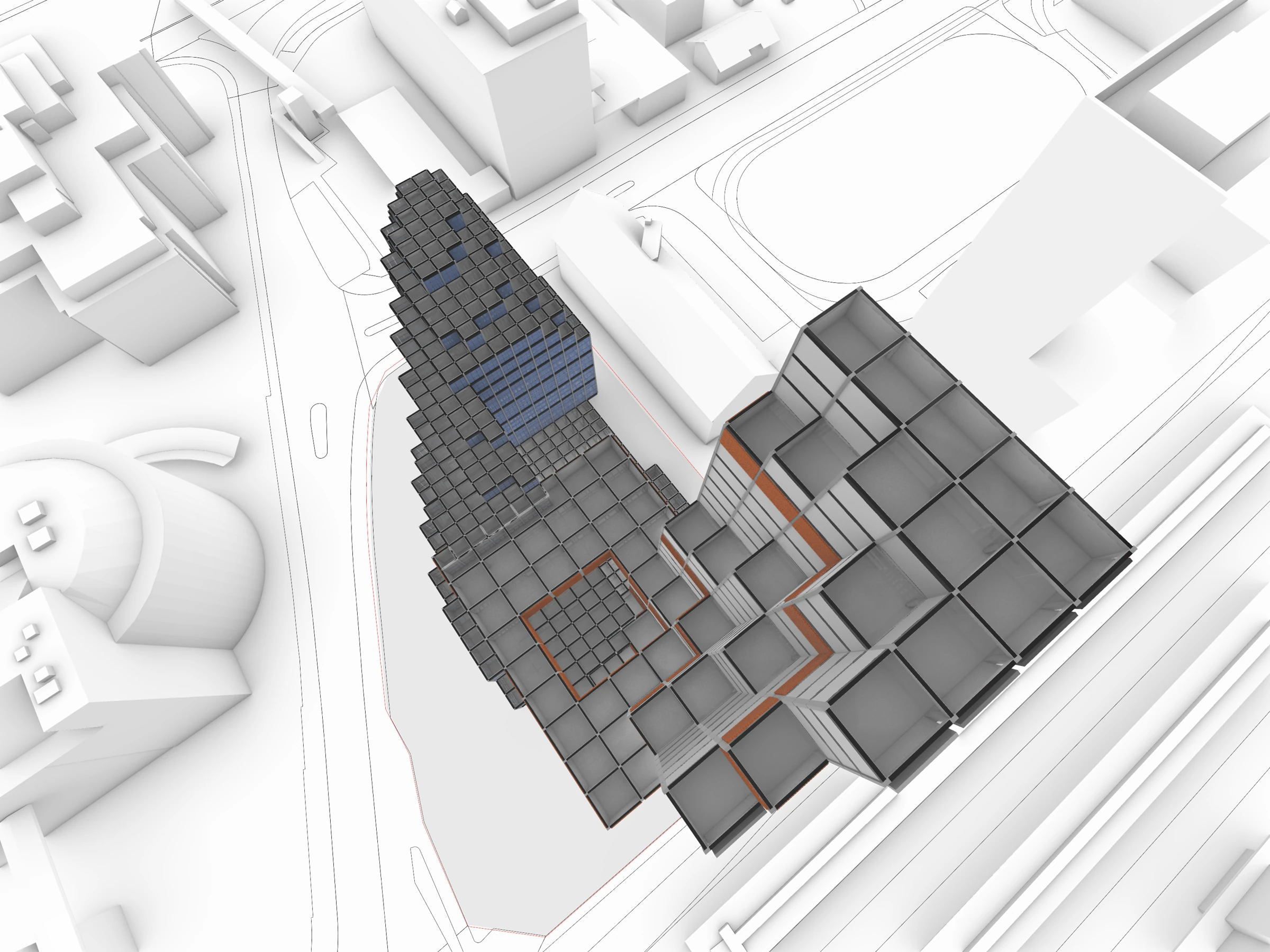 Close aerial view of the connected masses and upper facade